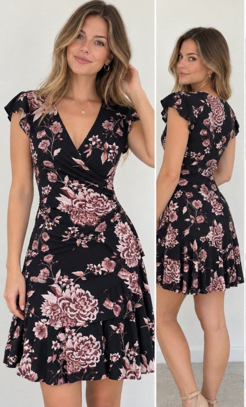 Elle Women's Floral Surplice Mini Dress Size XS Black Pink Ruffle Sleeve Chic